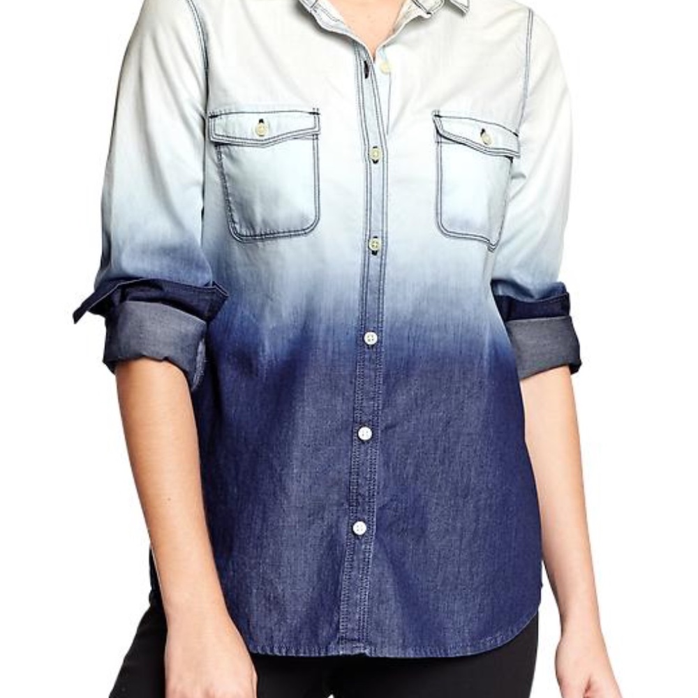 Old Navy Button Up Dip Dye Ombre Gradient Chambray Denim Shirt